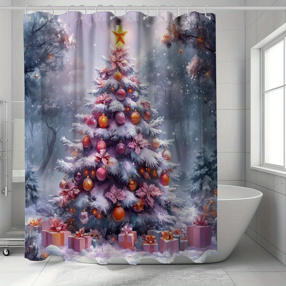 

«Элегантная занавеска для душа «Рождественская елка» — снежный лес и подарочные коробки, праздничный декор для ванной комнаты «Зимняя страна чудес»