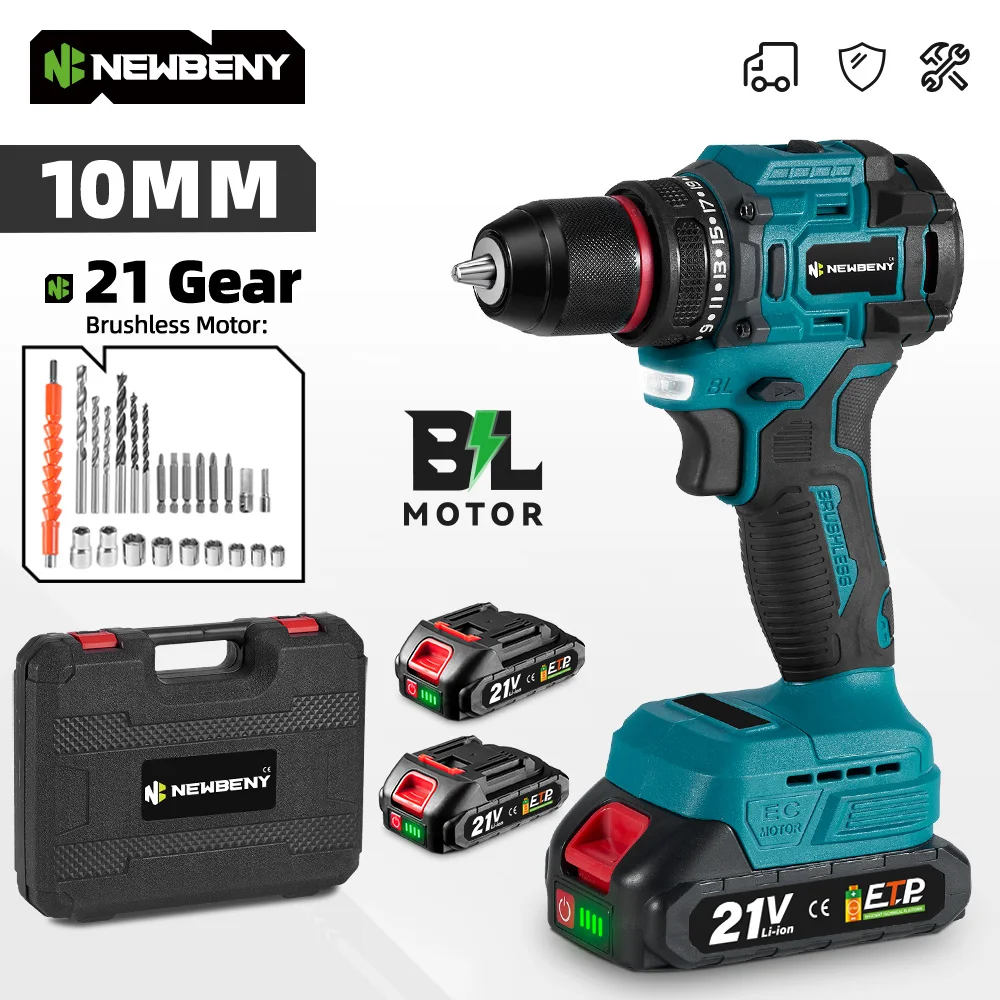 NEWBENY 21+2 Drehmoment 10MM Bürstenloser Elektrobohrer Kabelloser Multischrauber Heimwerker-Werkzeugset für Makita-Akkus