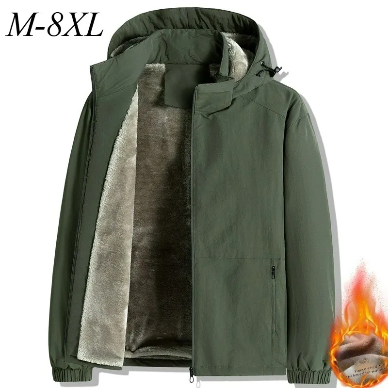 

Plus Size Men Fleece Jacket Thicken Outdoor Sports Cold Resistant Coat Hood Solid Color Camping Lightweight Winter Men Clothing