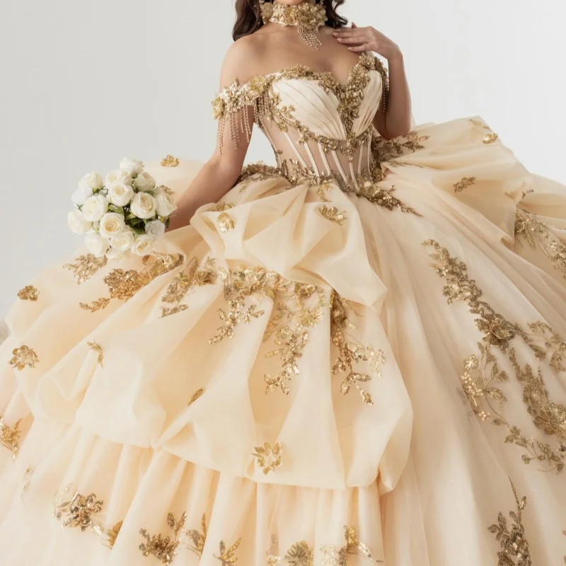 

Champagne Gold Quinceanera Dress off-shoulder Crystal Glitter Decal Layering Long tail vestidos de 15 Quinceanera ﻿Customized