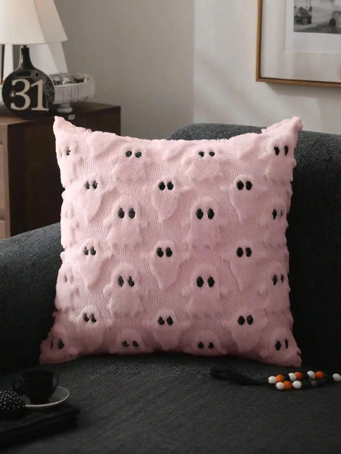 

Black White Plush Ghost Halloween Pillow Cover, Sofa Bedroom Home Decor