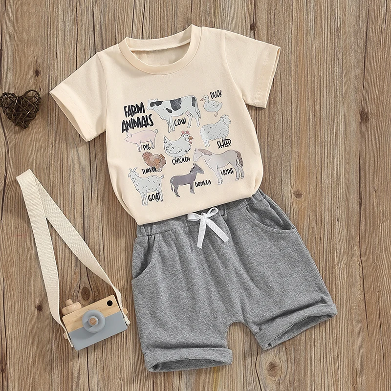 Kids Toddler Boys Farm Outfits Educational Farm Life Animals T-Shirt and Shorts Set 2Pcs Summer Clothes