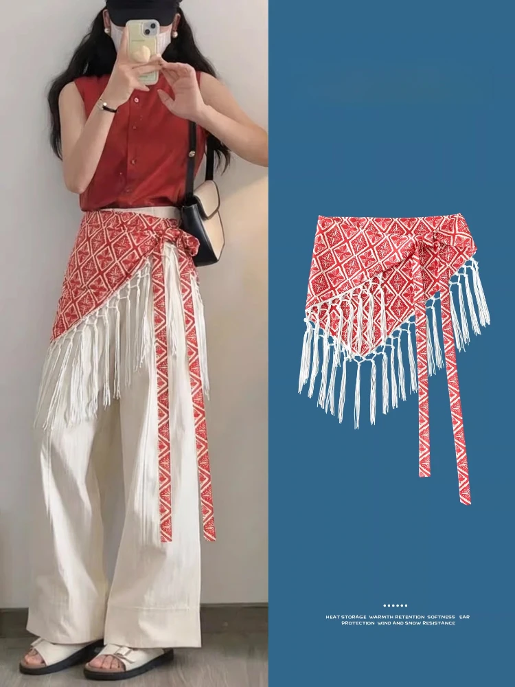 bohe-lace-up-triangular-hip-scarf-pinafore-for-women-spring-summer-red-geometric-print-waist-scarf-waist-corset-for-hiding-hips