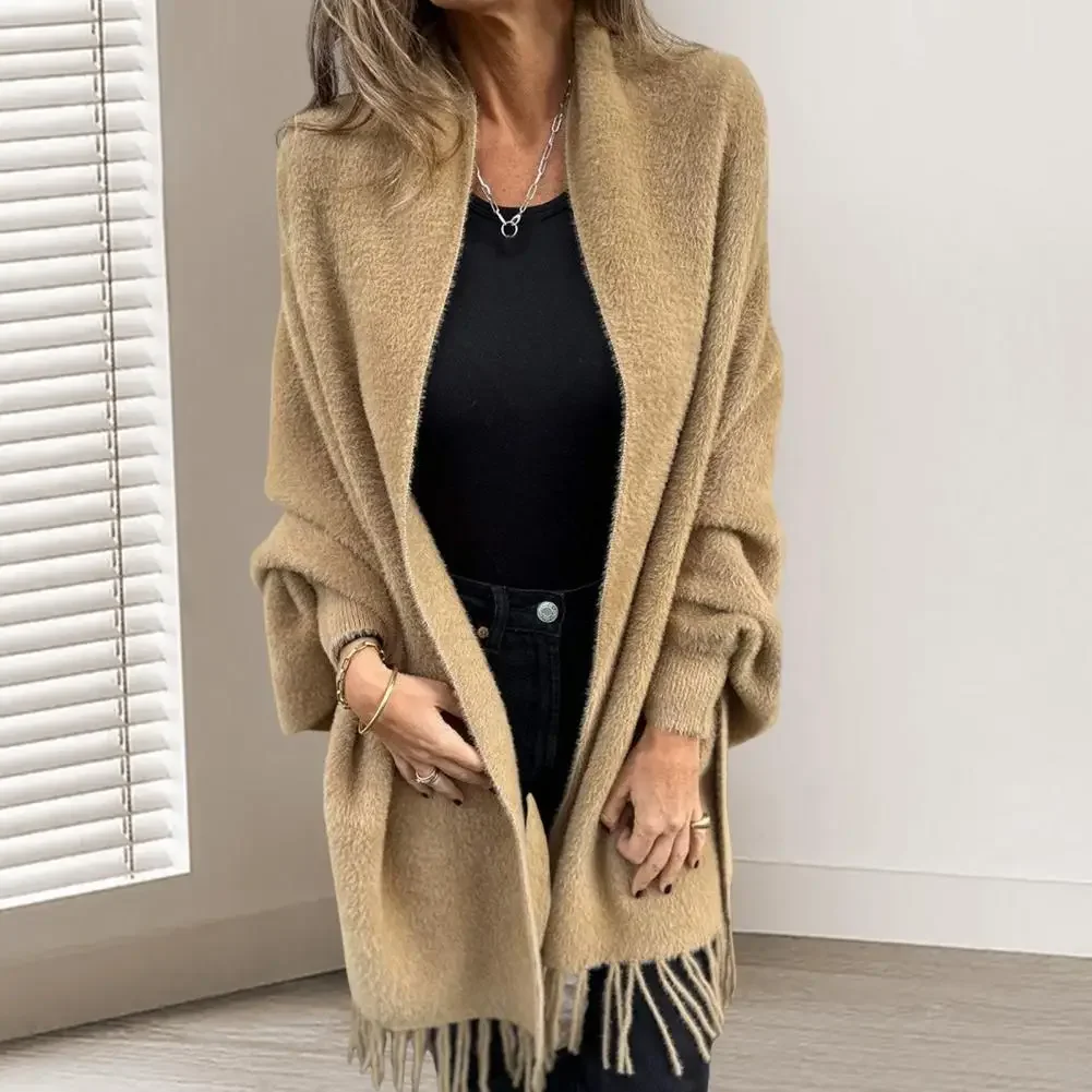 Winter Fall Women Jacket Thick Fleece Fringe Tassel Hem Long Bat Sleeves Open Stitch Cardigan Knitted Fuzzy Tassel Jacket