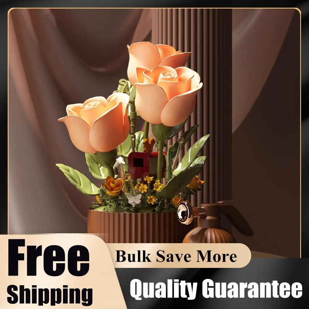 

Dynamic Building Block Flower Electric Assembly Rose Bouquet Fairy Atmosphere High-end Decoration For Girl Handmade Wedding Gift