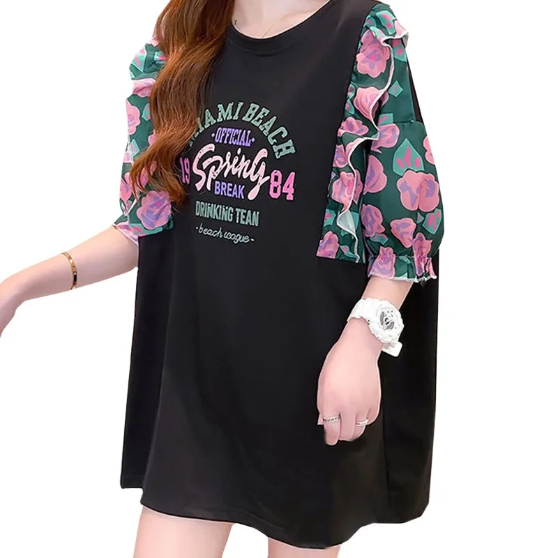 

Summer Fashion Splicing Women T Shirt Print Colorful Letters Harajuku Lady Tees Puff Sleeve Patch Flowers Black Tops Female