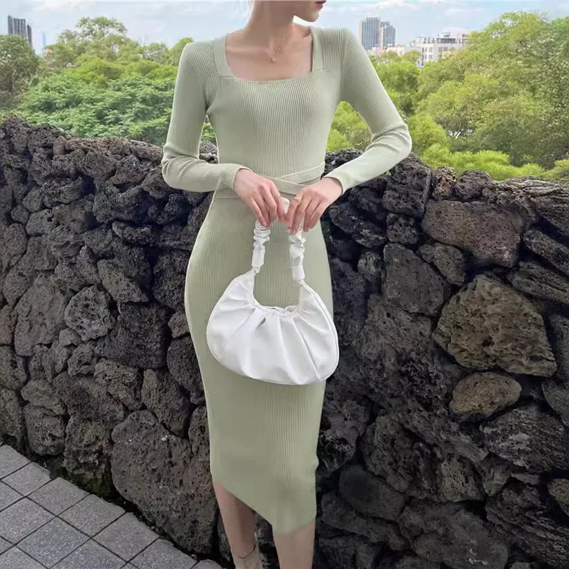 

3402 Midnight Encounter~ Spring New Elegant Square Neck Tie Design Subtle Knitted Dress