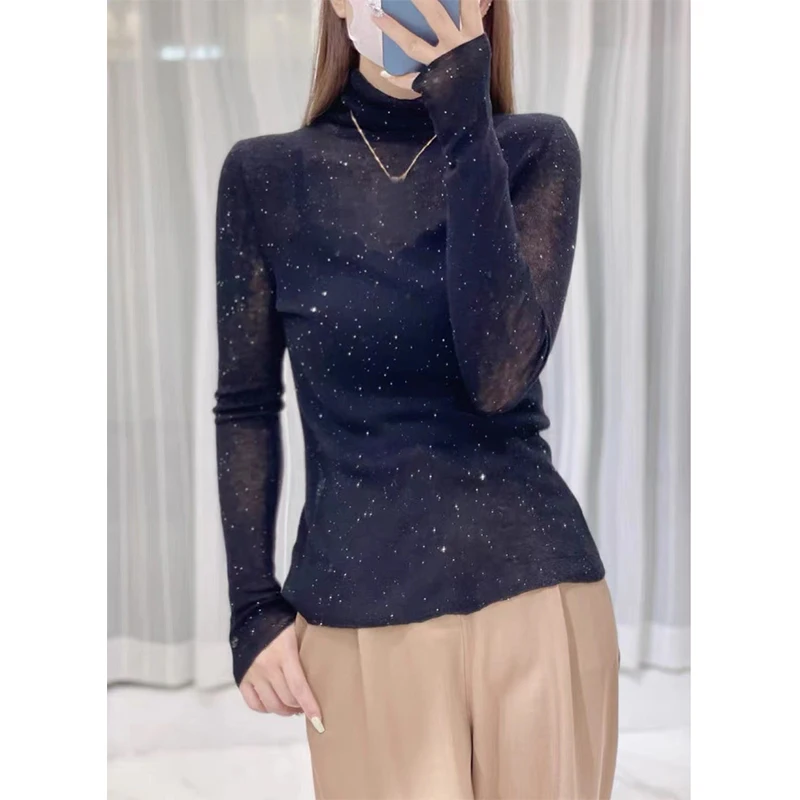 

Новинка 2023 года, женский вязаный тонкий топ с высоким воротником, блестящая основа, внутренняя одежда, длинный свек, облегающий крой, чистый цвет