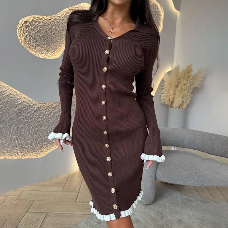 Ticketsx Fashion V-neck Patchwork Slim Knit Dress Autumn Button Ruched High Waist Mini Dress Office Lady Sweater Women Dress