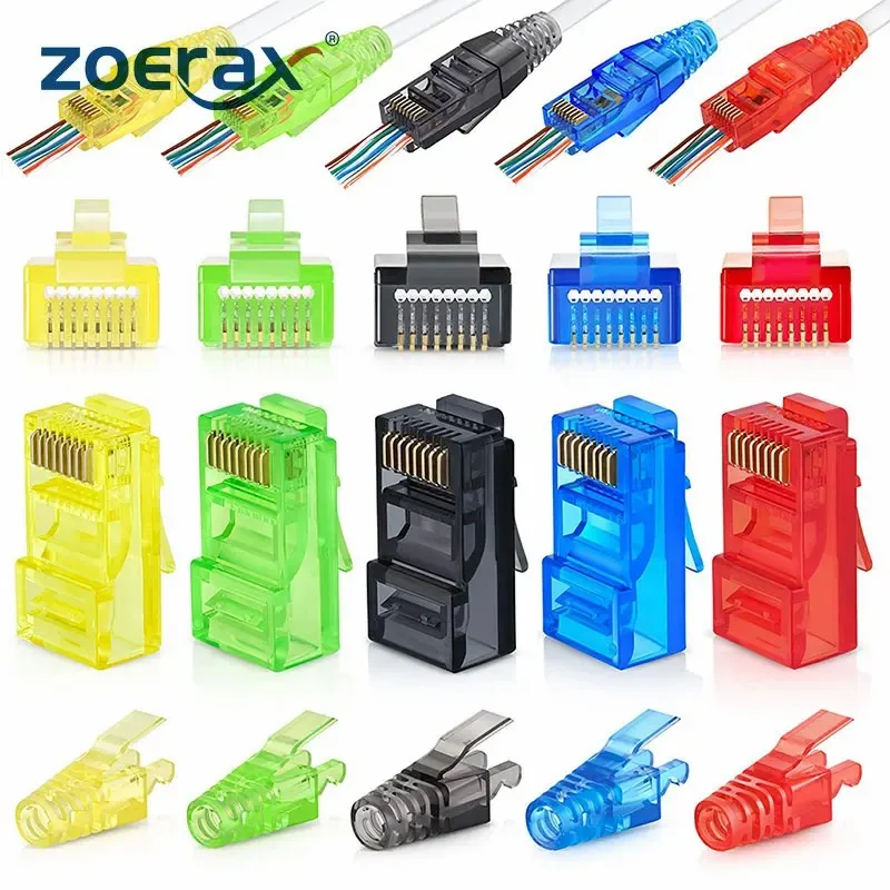 

ZoeRax 50PCS RJ45 Cat6 Pass Through Connectors and 50PCS Strain Relief Boots, Assorted Colors, EZ to Crimp Modular Plug