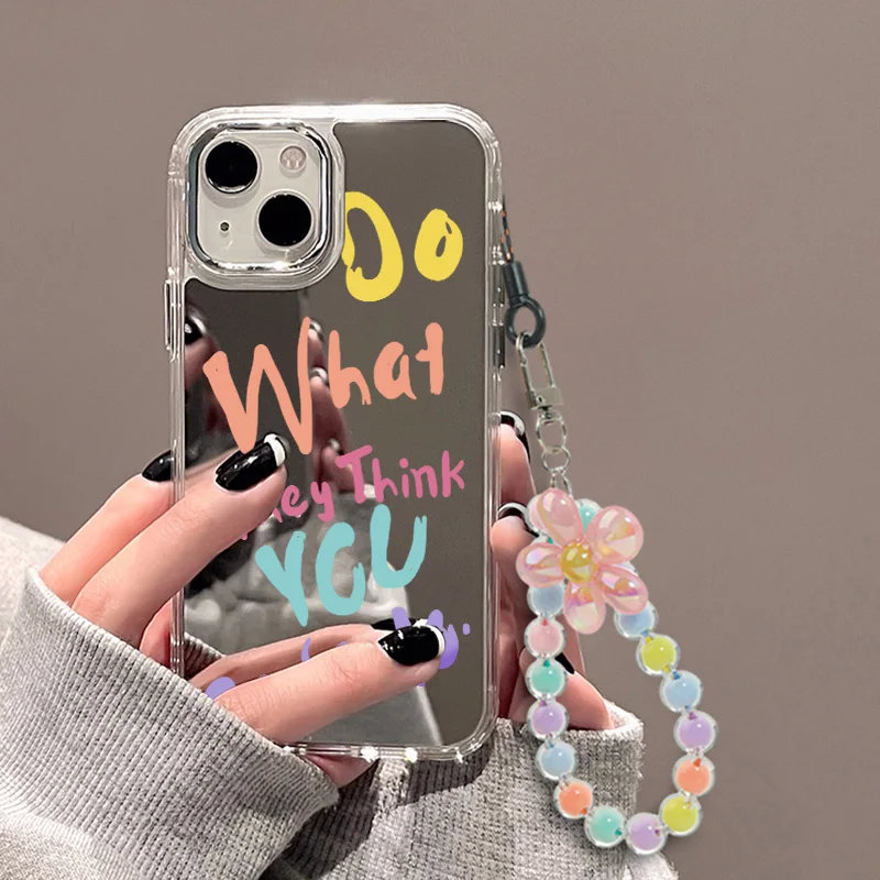 Clouds Wrist Chain Lanyard Cosmetic Mirror Phone Case for iPhone 15 Pro Max 11 12 13 16 14 Pro Max Plus XR XS Max Phone Case