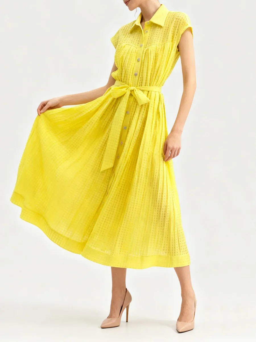 TWOTWINSTYLE Solid Sheer Spliced Shirring Casual Dresses for Women Lapel Sleeveless Patchwork Single Breasted Dress Female New