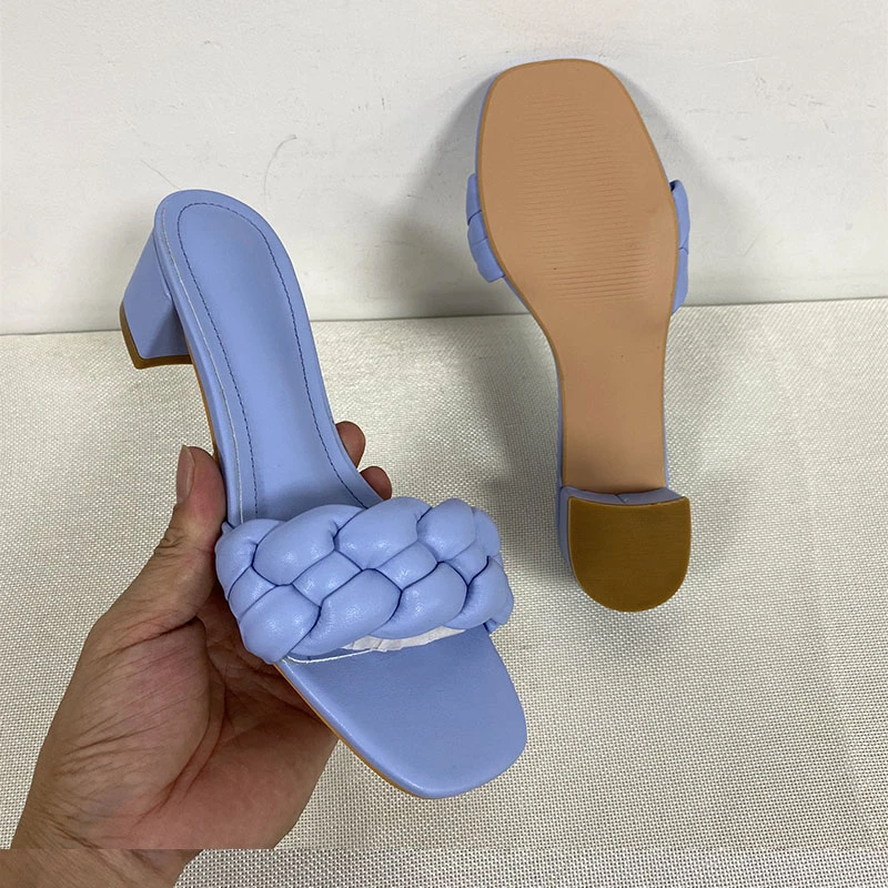 2022 Summer Square Heel 5cm High Women Slippers Outside Shoes Weave Open Toe Fashion Slides Woman Solid Leather Summer Shoe