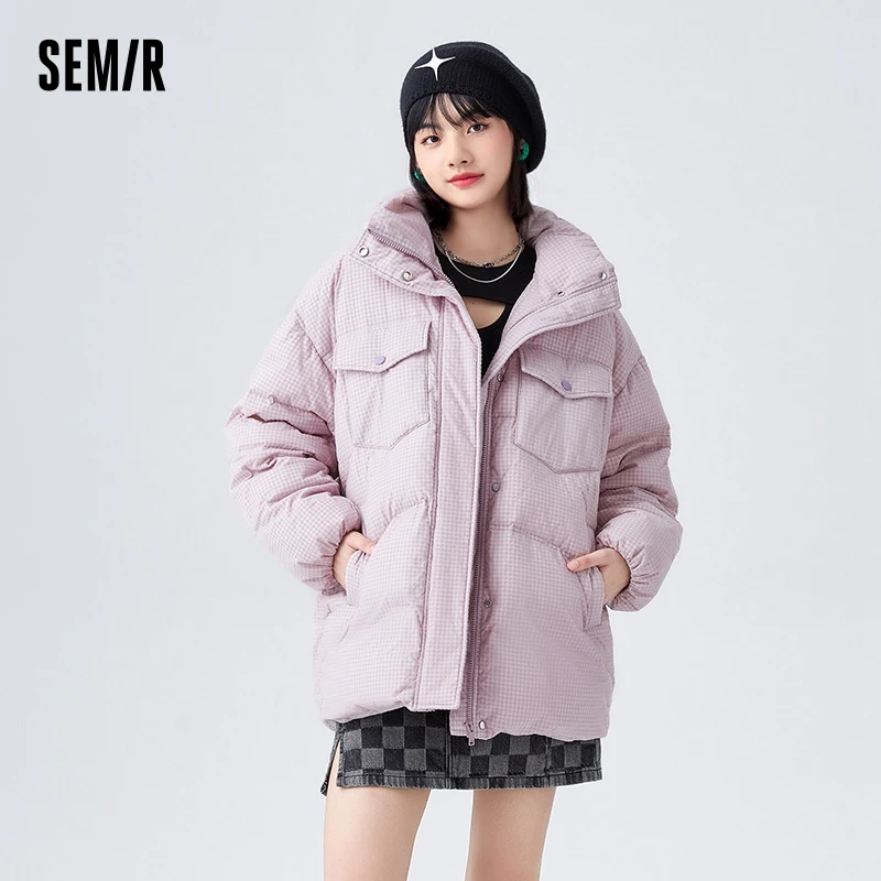 Semir Down Jacket Women Mid-Length Oversize Winter Rabbit Plaid Sweet Cute Niche Flocking Thick Coat