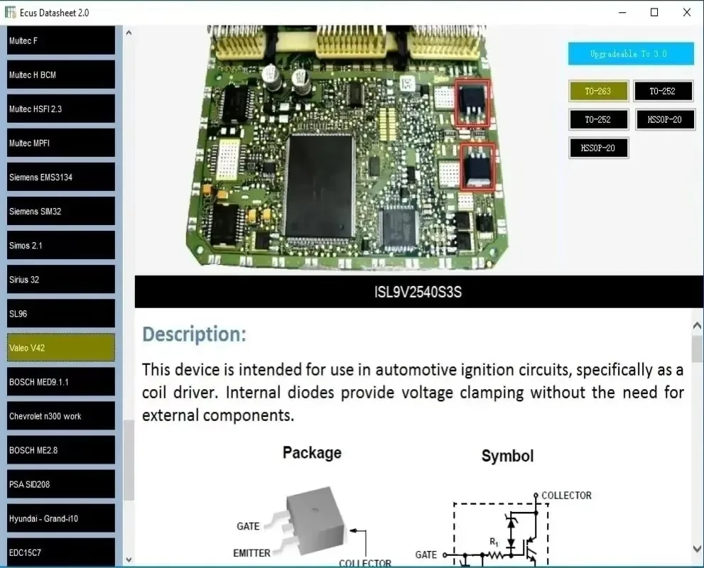 Software de reparación ECU, hoja de datos Ecus 2,0, diagramma PCB con componentes electrónicos de ECU e información adicional par