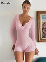 Hugcitar Spring Ribbed Solid Square Collar Long Sleeve Buttons Sexy Bodycon Skinny Playsuit Women Casual Romper Streetwear Sport