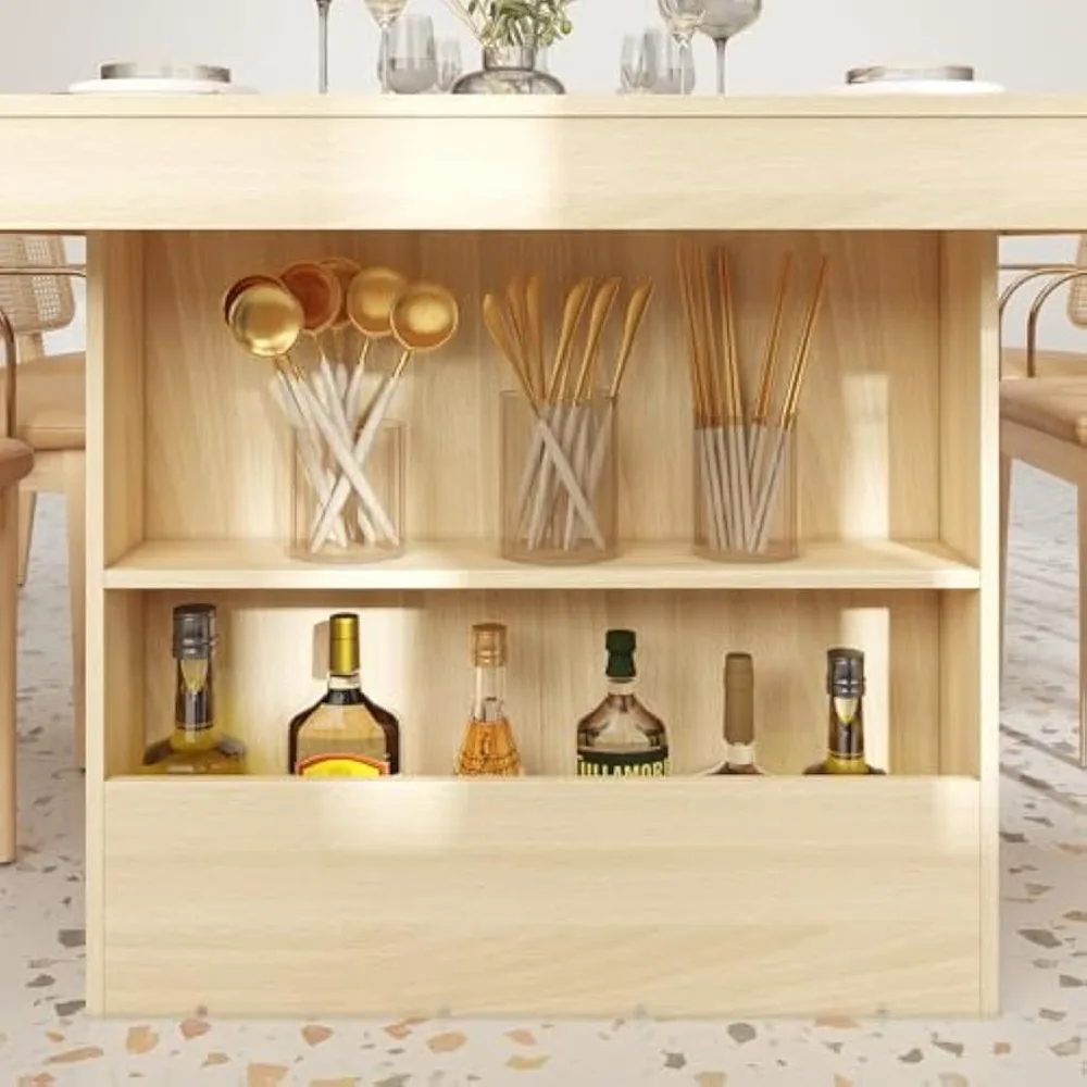 طاولة طعام 78.7 بوصة مع 4 أرفف تخزين تتسع لـ 8-10 أشخاص، طاولة عشاء خشبية حديثة لمطبخ غرفة الطعام، بلوط