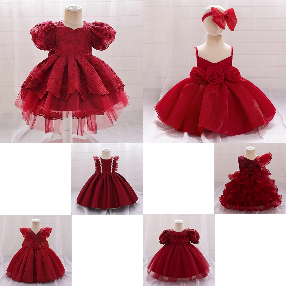 

Flower Girl Wedding Frocks Red Baby Girls Solid Birthday Princess Dress Toddler Festival Party Prom Gown Xmas Carnival Clothes