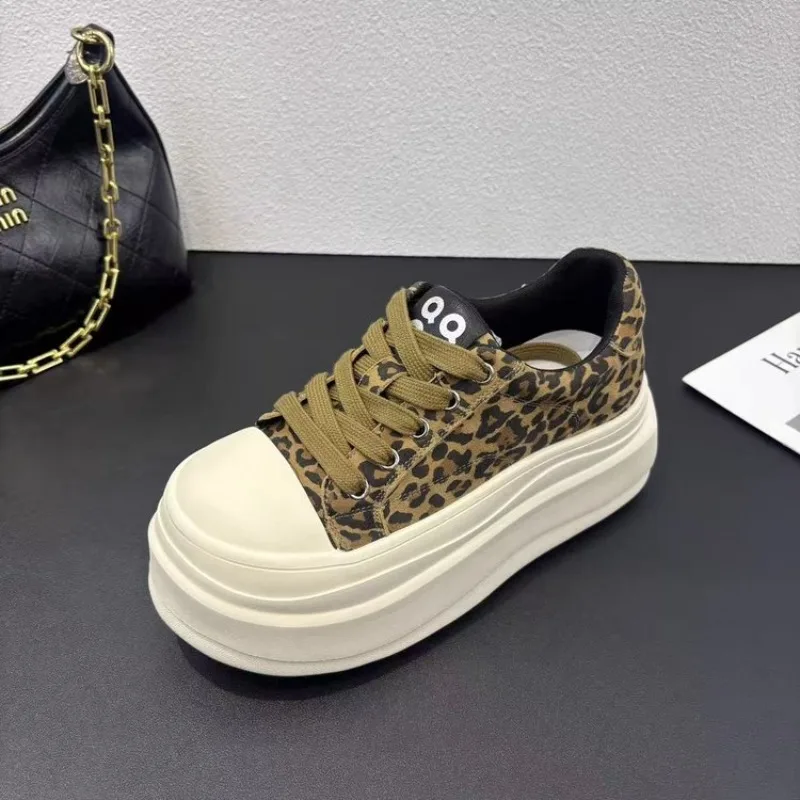 Women Leopard Print Platform Sneakers, Thick Sole Lace Up Round Toe Casual Shoes, Fashion Chunky Low Top Canvas Shoes view 6