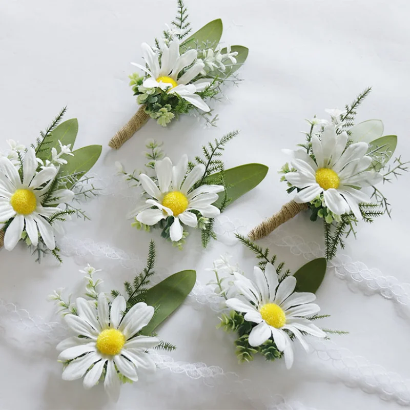 Bunga aster putih buatan Boutonniere gelang korsase pengiring pengantin aksesori pernikahan