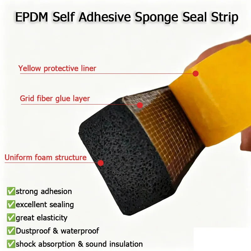 5/10M EPDM Self-adhesive Sponge Seal Strip Foam Tape Insulation Gasket Door Window Seals Cushion Thick 2/3/4/5/8/10/15/20mm