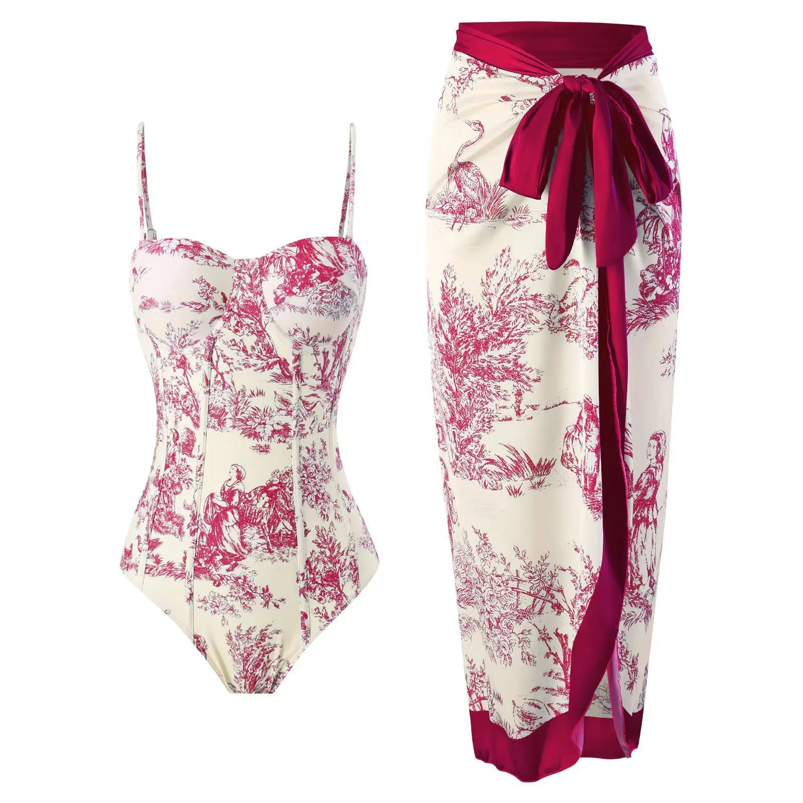 Bañador con estampado para mujer, traje de baño Sexy ajustado con Espalda descubierta, conjunto de Bikini ajustado para playa, traje de baño con protección solar y falda larga, 2024