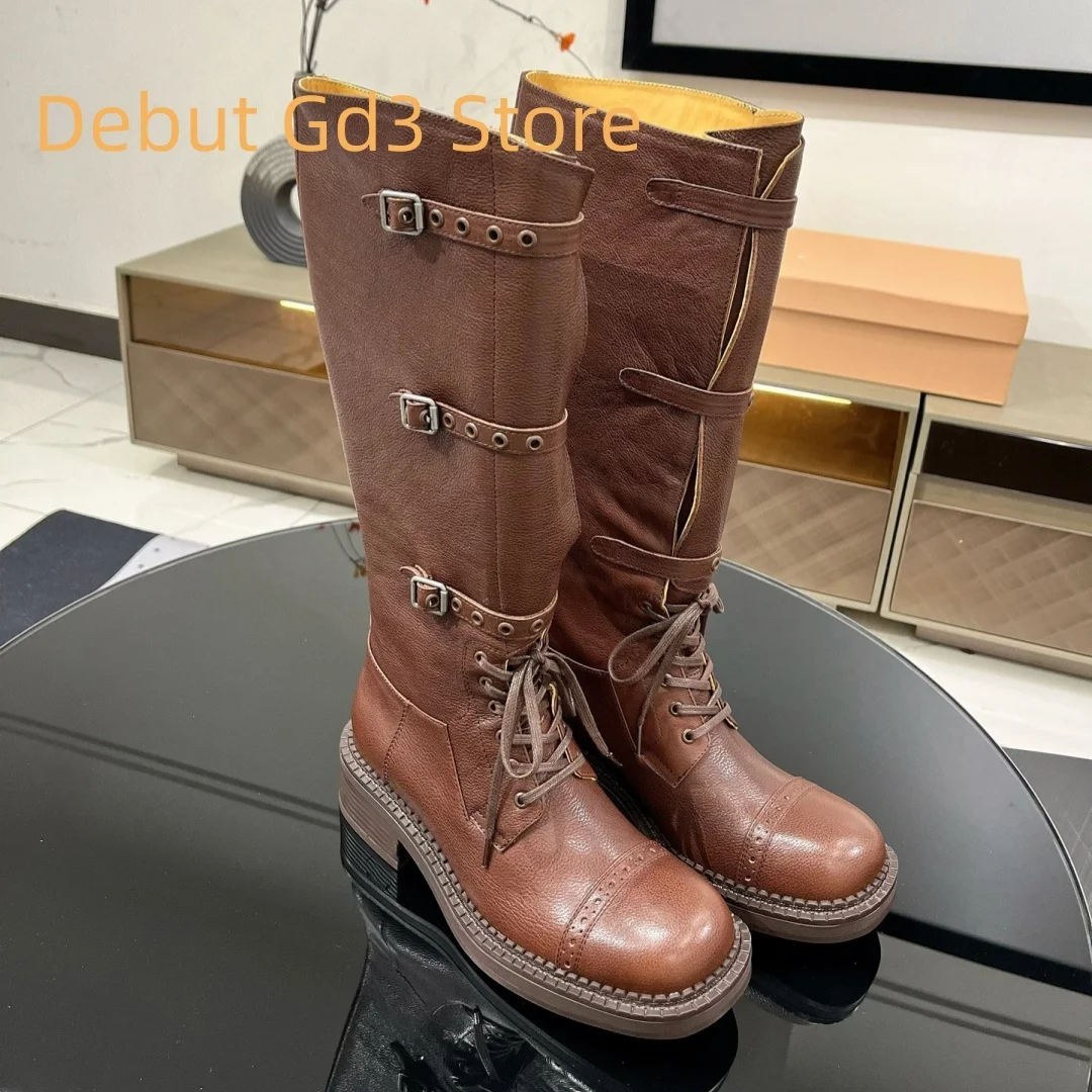 

2024 New American Retro Belt Buckle Fashion Boots, British Style Genuine Leather Long Barrel Knight Boots, Western Cowboy Boots