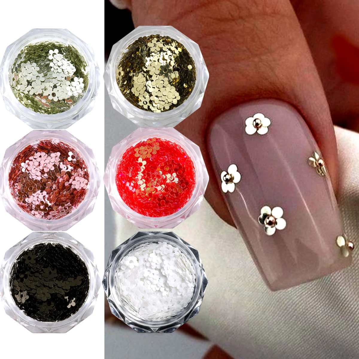Kawaii 5 بتلات أسود أبيض مسمار الفن تقشر Y2K لامعة الذهبي مسمار زهرة الترتر ثلاثية الأبعاد لامع مسمار السحر ل مانيكير اكسسوارات