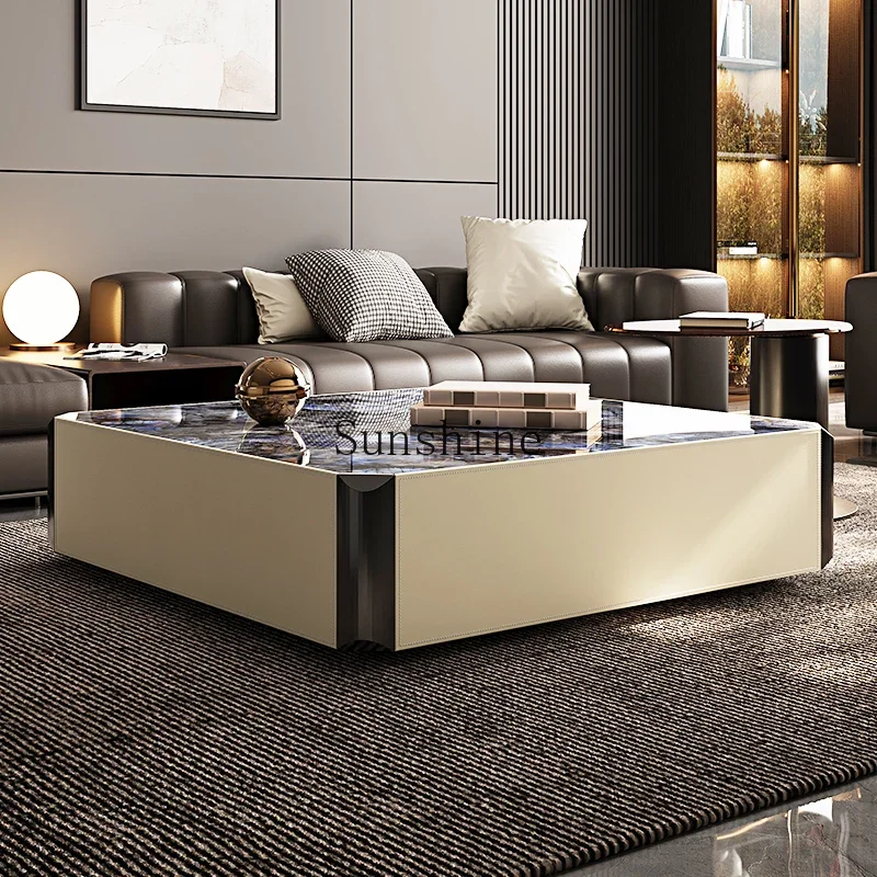 

Square rock slab coffee table Italian minimalist saddle leather living room combination high-end coffee table