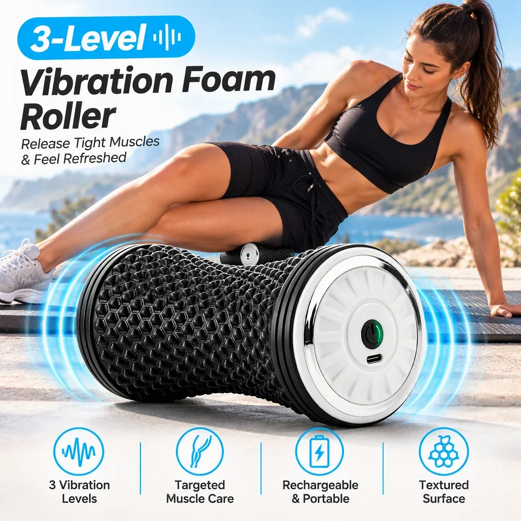Vibrating Massage Roller with 3 Speeds, Textured TPR Surface, 15-Min Timer, Cordless 1200mAh, Type-C, for Neck Back Legs