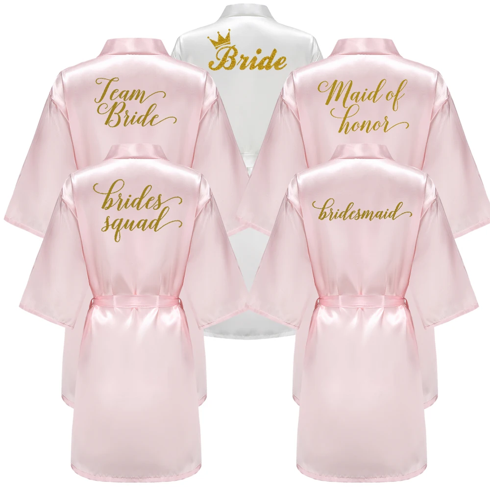 

Women Team Bride Wedding Party Bridesmaid Maid of Honor Robe With Gold Writing Letter Women Lady Pink Satin Bathrobe Kimono