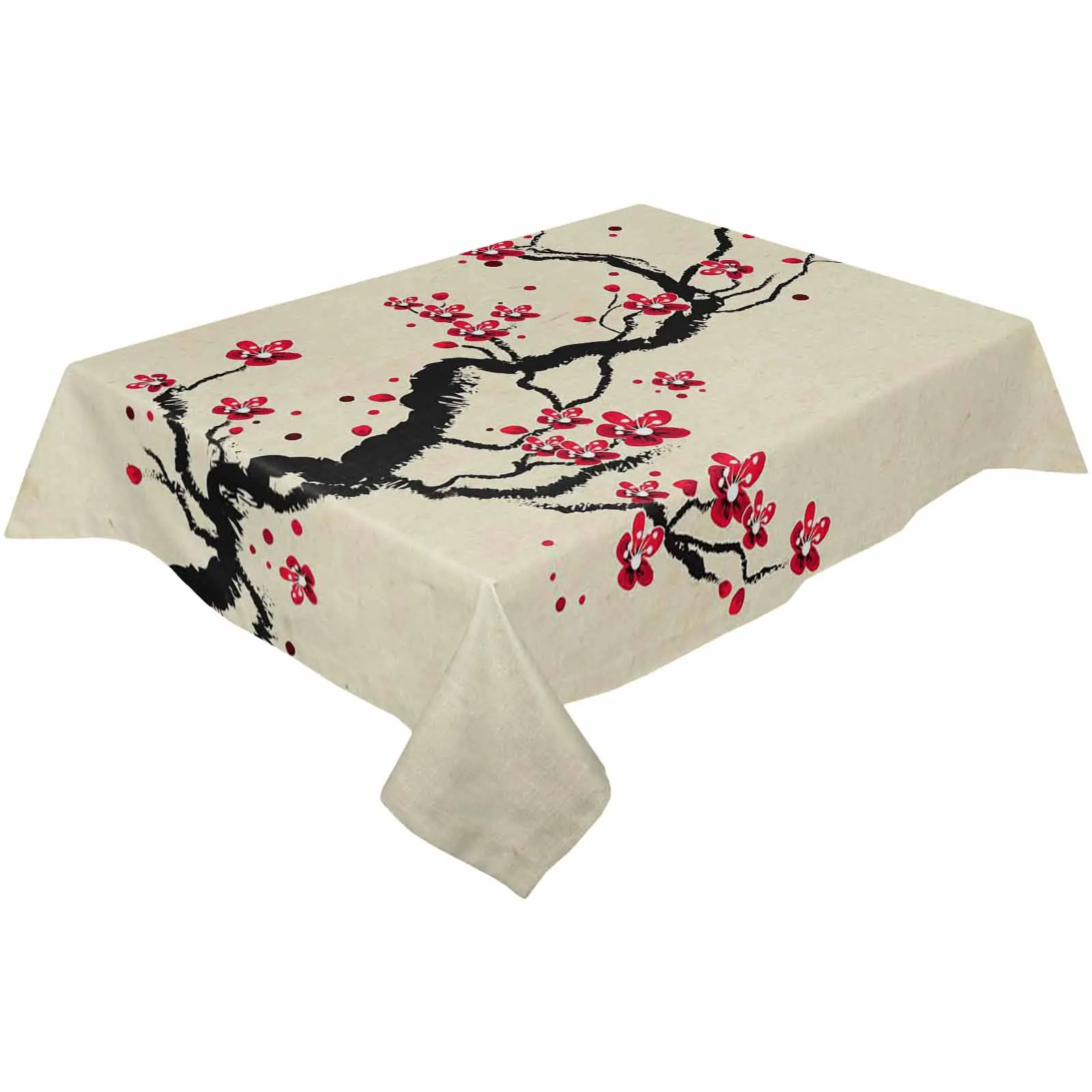 Cherry Blossom Branch Flower Chinese Style Waterproof Dining Table Cover Wedding Party Rectangular Tablecloth Home Kitchen Decor