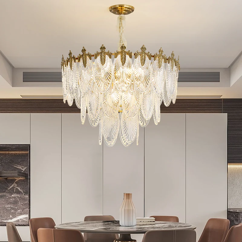 French Palace Style Antique Copper Gold Chandelier Luxury Villa Hall Lamp Round Multi-Layer Bedroom Dining Room Glass Chandelier