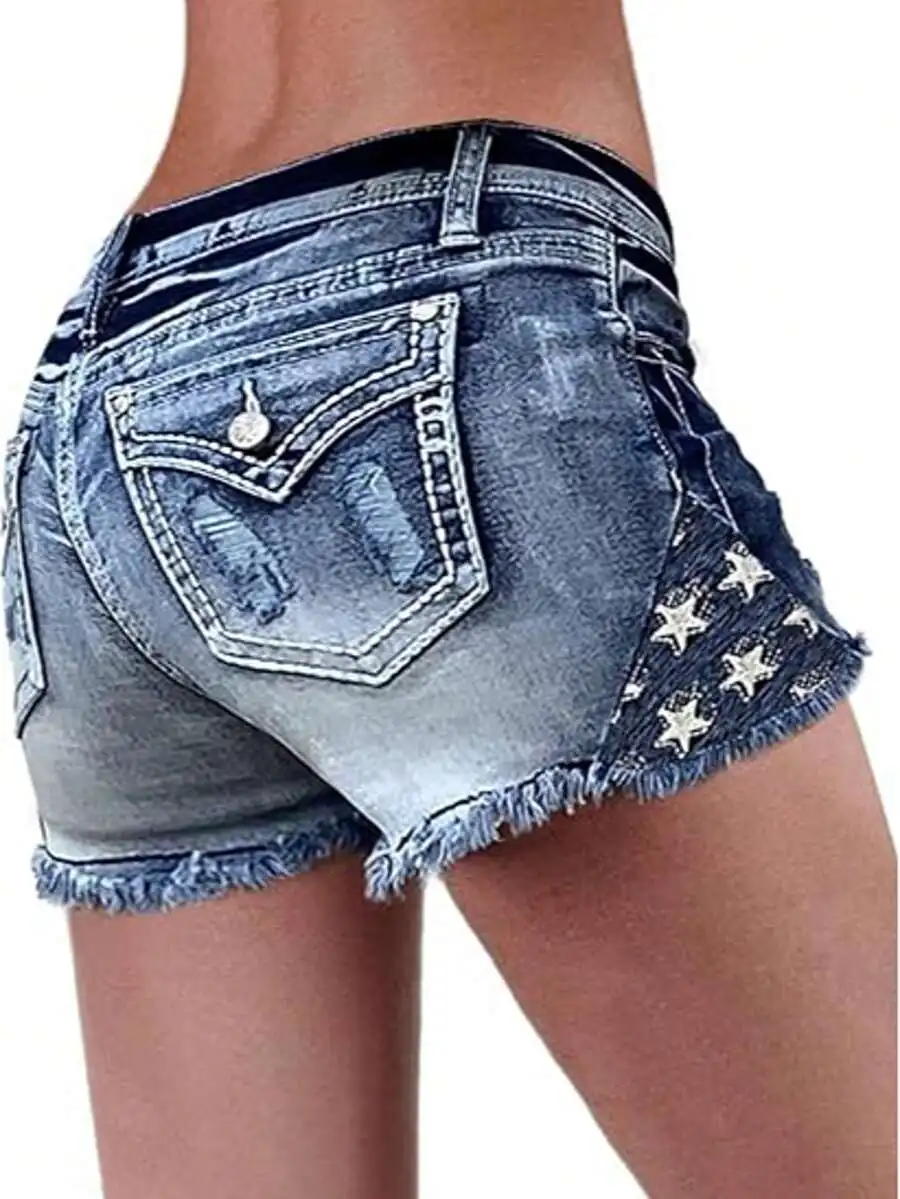 

Womens Ripped Denim Shorts With Star Embroidery Stretch Casual Summer Shorts
