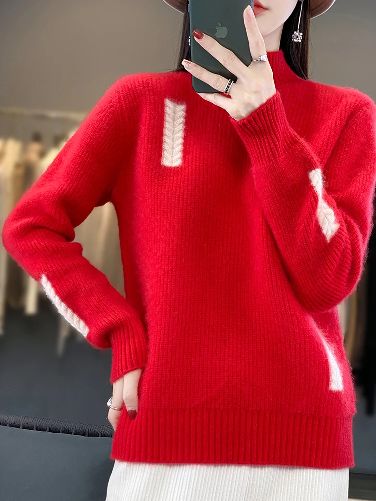 Women Cashmere Sweater 100% Merino Wool Pullover Mock Neck Jumper Soft Warm Knitwear Autumn Winter High Quality Tops Clothing