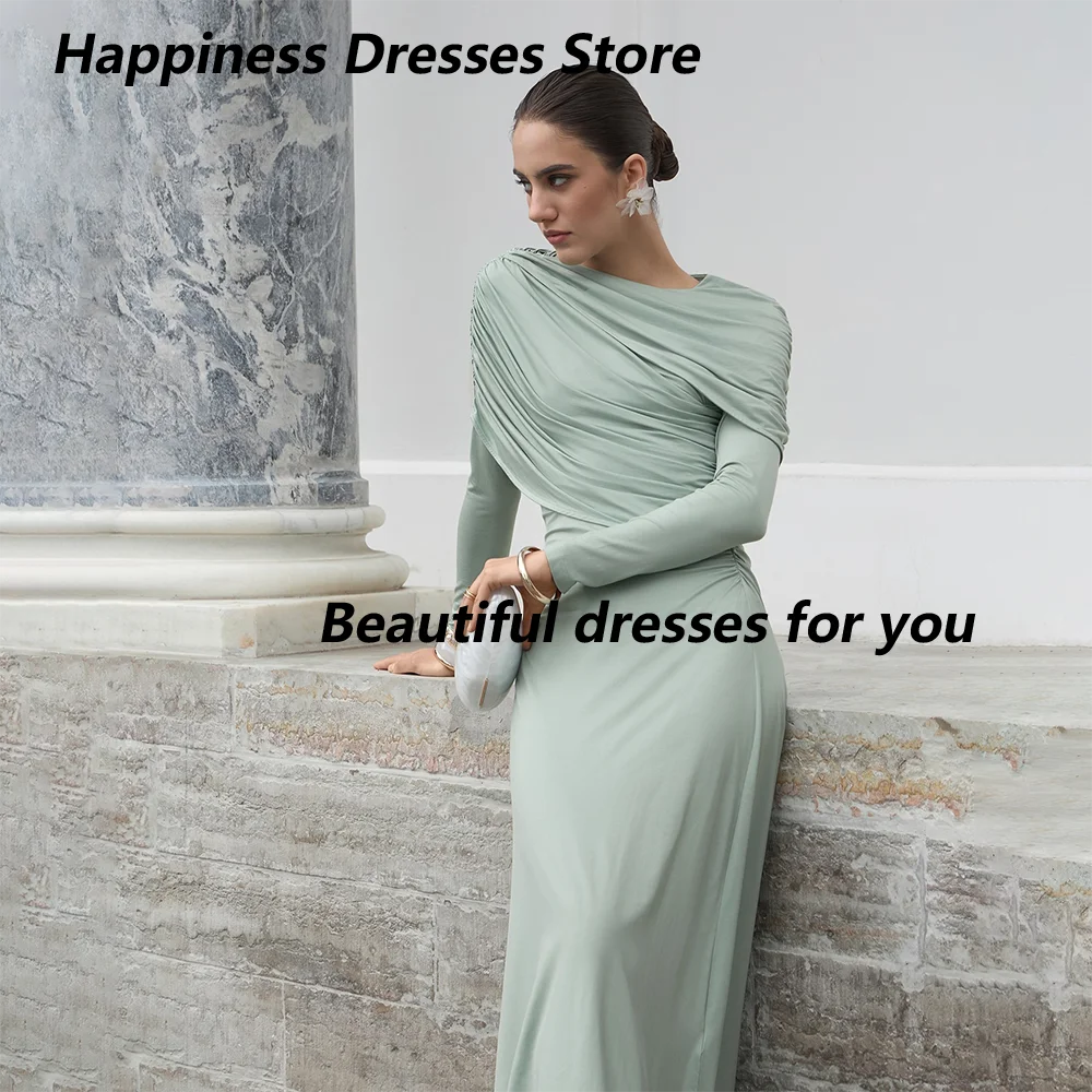 

Modest Evening Dress for Woman Customized O-Neck Long Sleeves Evening Gowns Pleat Ankle Length Sheath Party Gown 2025
