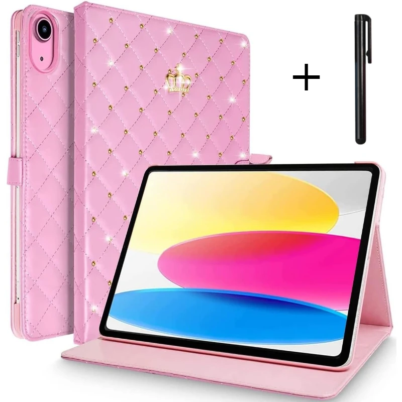 

Luxury Crown Bling Diamond Case for iPad A16 11th 2025 10th Generation 10.9 2022 PU Leather Cover Smart Auto Wake UP Stand Case