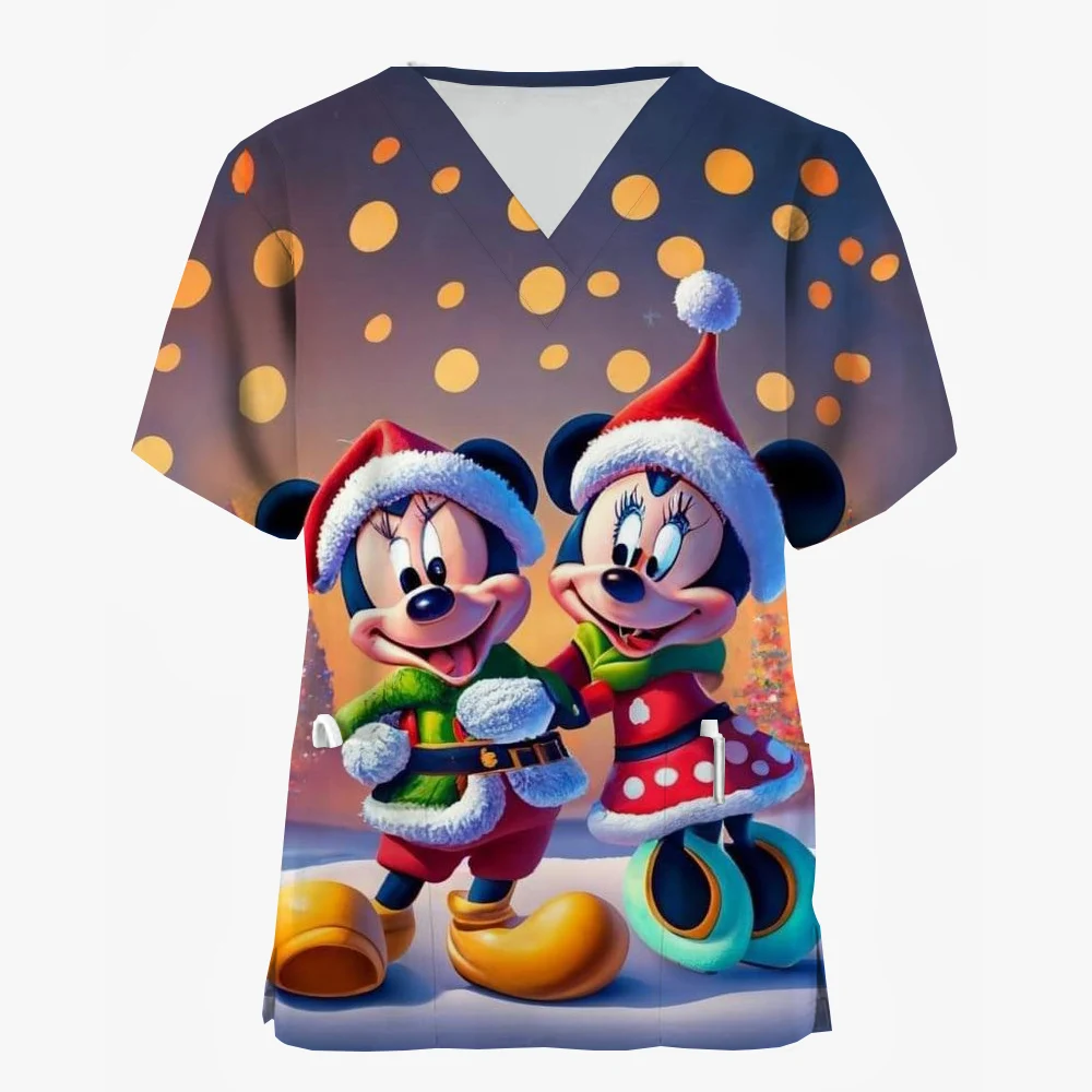 Women Care Nurse Uniform T-Shirt Casual Disney Mickey Mouse Minnie Merry Christmas Printed Short Sleeve Patterned Working Blouse