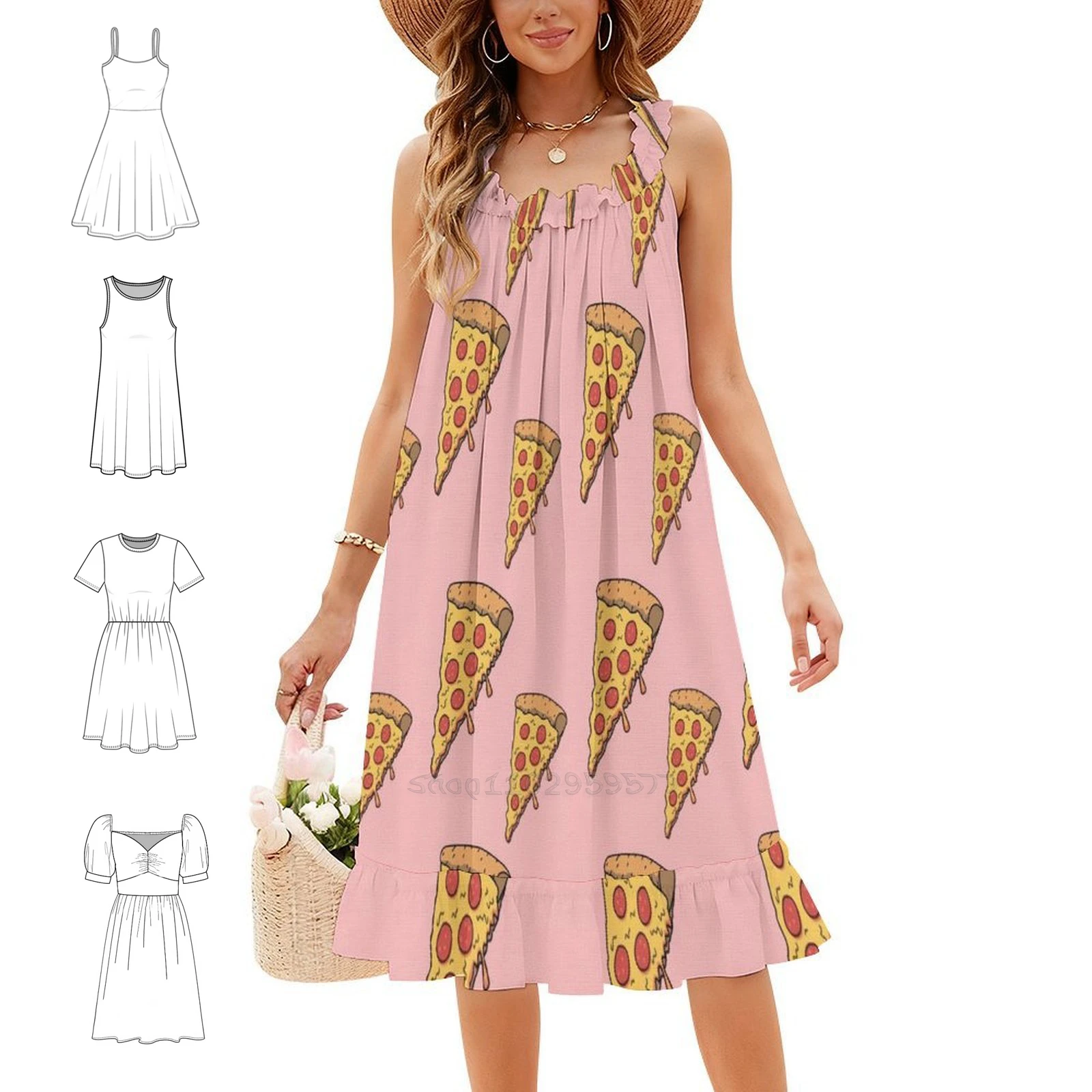Pizza Pink Pattern Preppy Style Mini Dress For Women A-Line Loose Fit Casual Day Dress Pizza Lovely Pizza Art Dripping Female