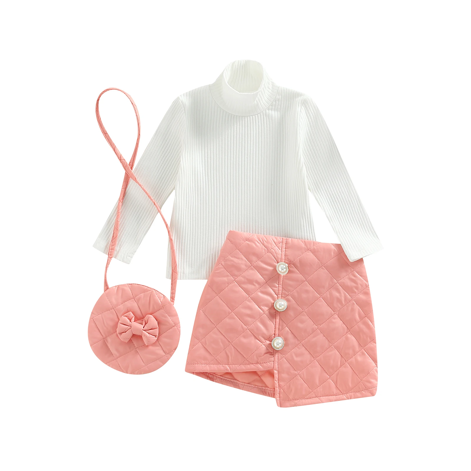 

Kids Girls Clothes Set Baby Solid Color Long Sleeve Tops + Irregular Hem Skirt + Shoulder Bag Children 3pc Fall Outfit