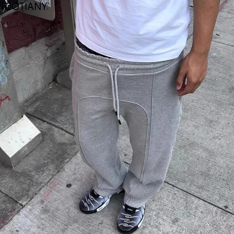 Black American Pants Hip-hop Drawstring Sweatpants Elastic Waist Sweatpants Loose Solid Color Casual Harajuku Street Trend 2025