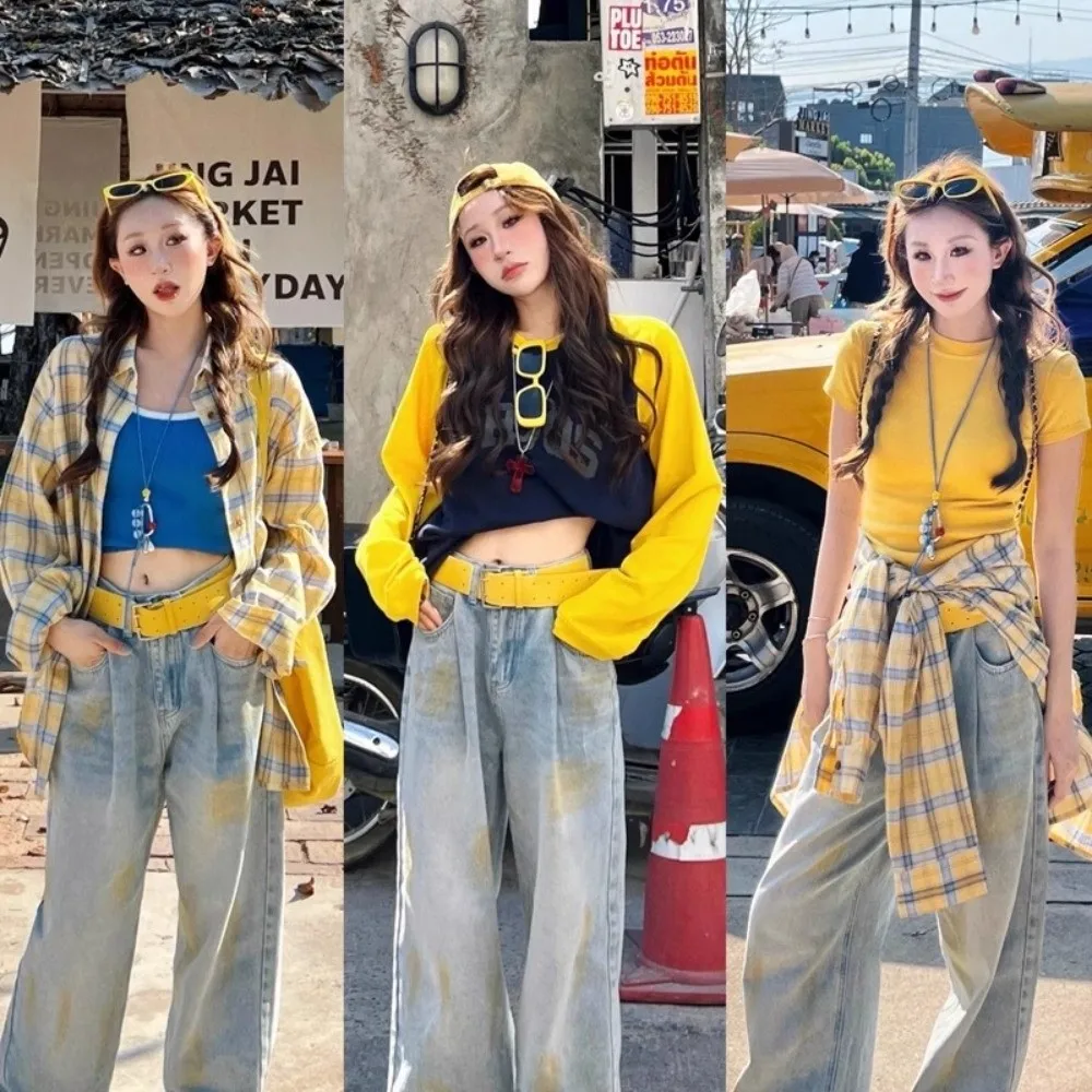 حزام نسائي متعدد الاستخدامات مزدوج الصدر أصفر حزام خصر عريض جلد Y2k فستان حزام جينز ملابس الشارع