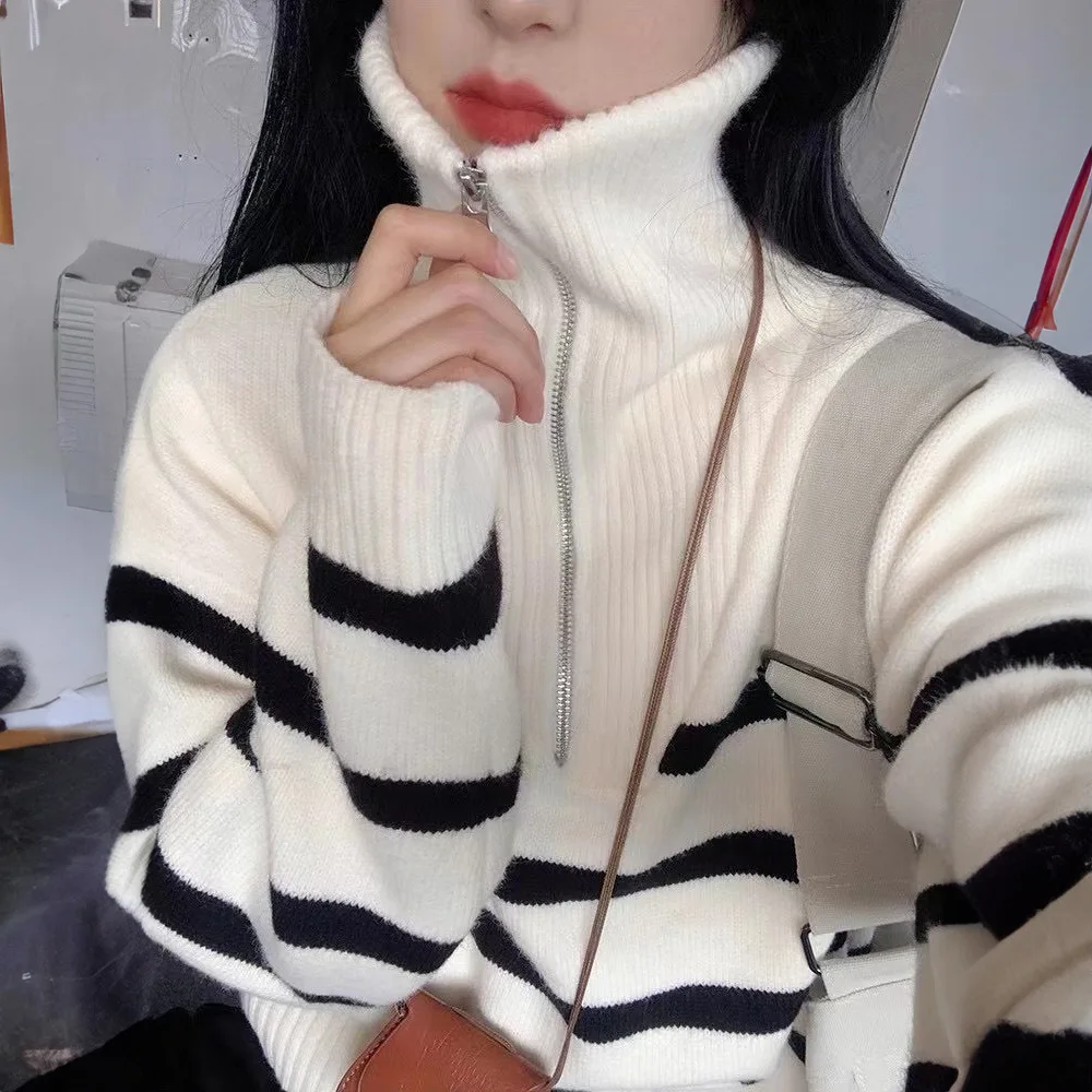 Women Pullovers Sweaters Striped Zipper Turn Down Collar Full Sleeve Loose Casual Jumpers Tops Splice Autumn Winter 2024