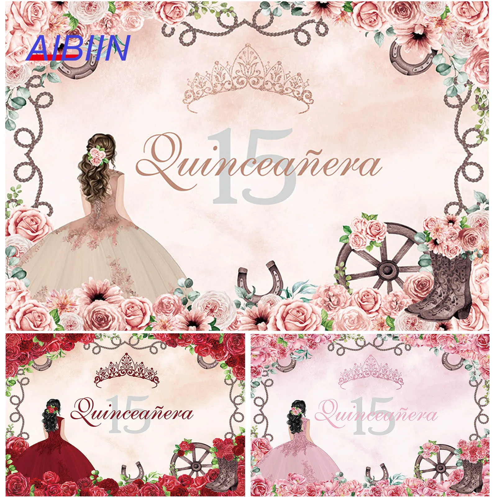 Western Cowgirl Quinceanera 15th Birthday Backdrop Princess Floral Crown Boots Photography Background Girl Cake Party Decor