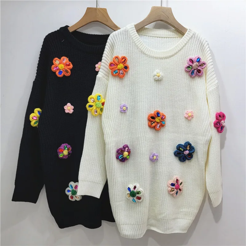 Autumn Winter New Sweet Cute Knitwear Three-dimensional Colored Flower Diamond-encrusted O-Neck Loose Pullovers Knitted Sweater