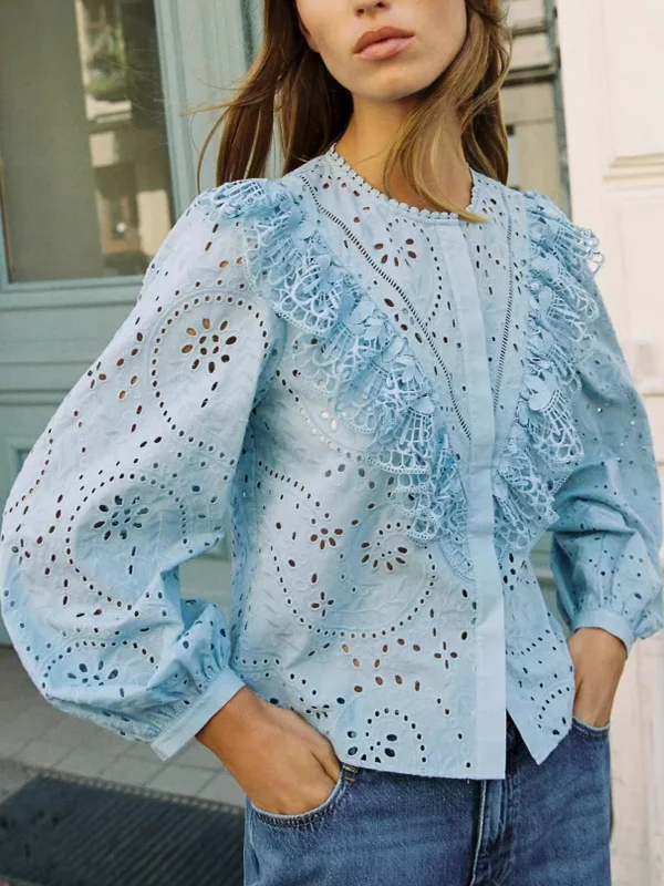 Sweet Sle Women's Cotton Long Sve Embroidered Hollow out round Ne irt Breathable Comfortable Loose Fit Fall New Arrival