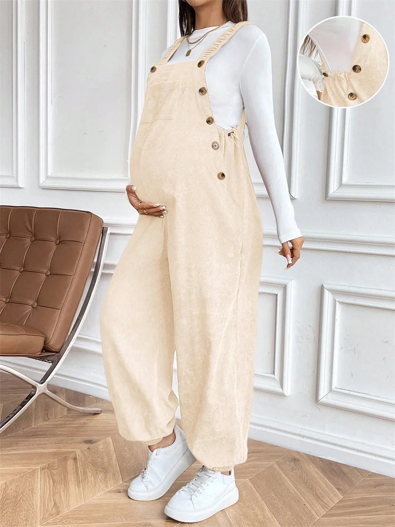 Maternity Corduroy Overalls Woman Autumn Loose Jumpsuit Mom Adjustable Side Buttons Pregnant Casual Pants Pregnancy Clothes
