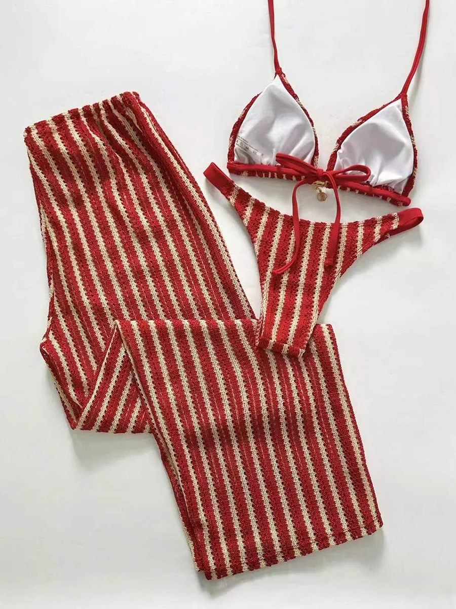 With Pants Halter Striped Bikini Women Swimsuit Female Swimwear Three-Pieces Bikini Set Brazilian Bather Bathing Suit Swim Lady