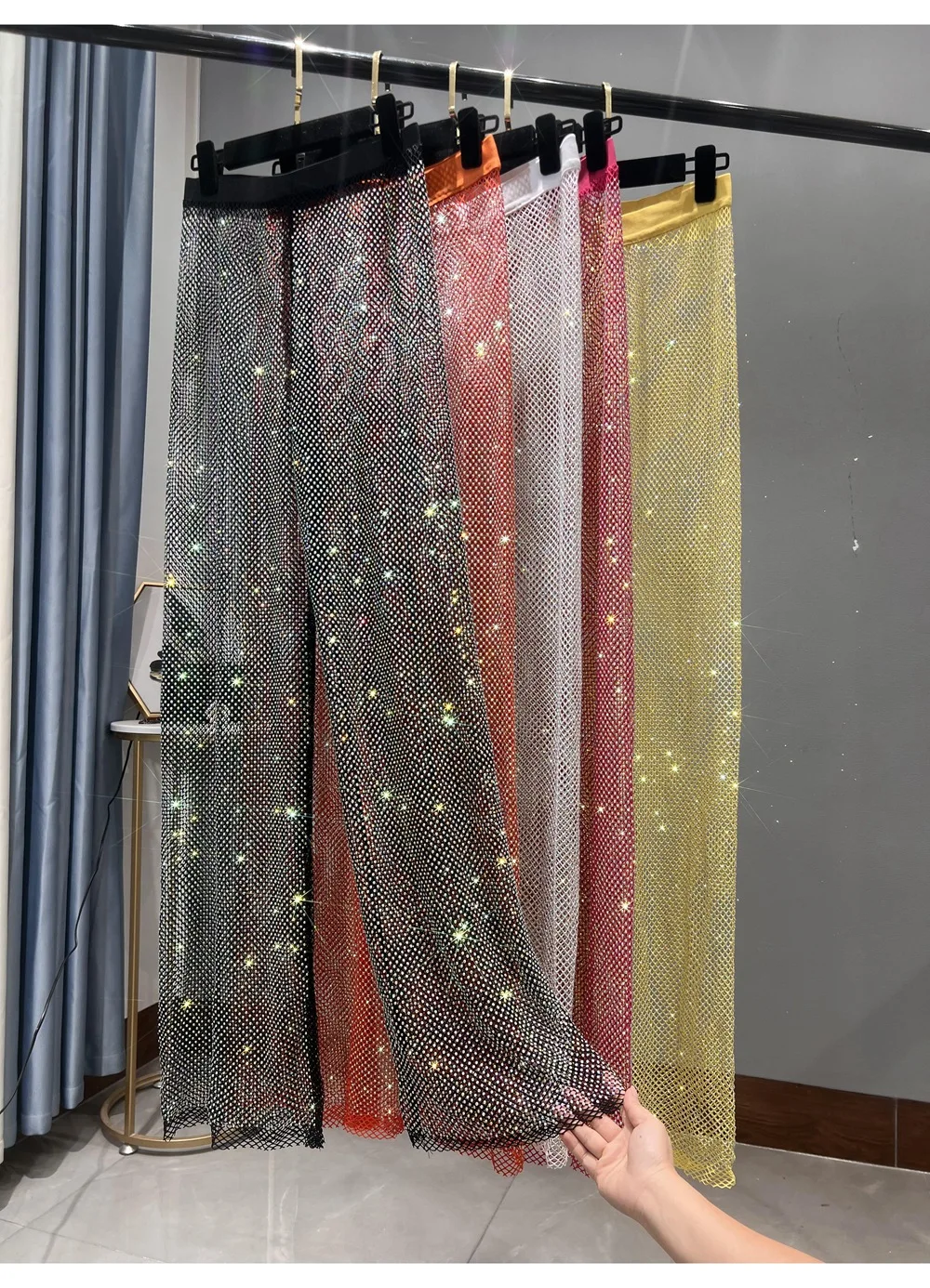 Europe Trendy Sexy Perspective Hollow Out Mesh Wide Leg Pants Blingbling Shiny Hot Diamonds High Waist Wide Leg Women Trousers