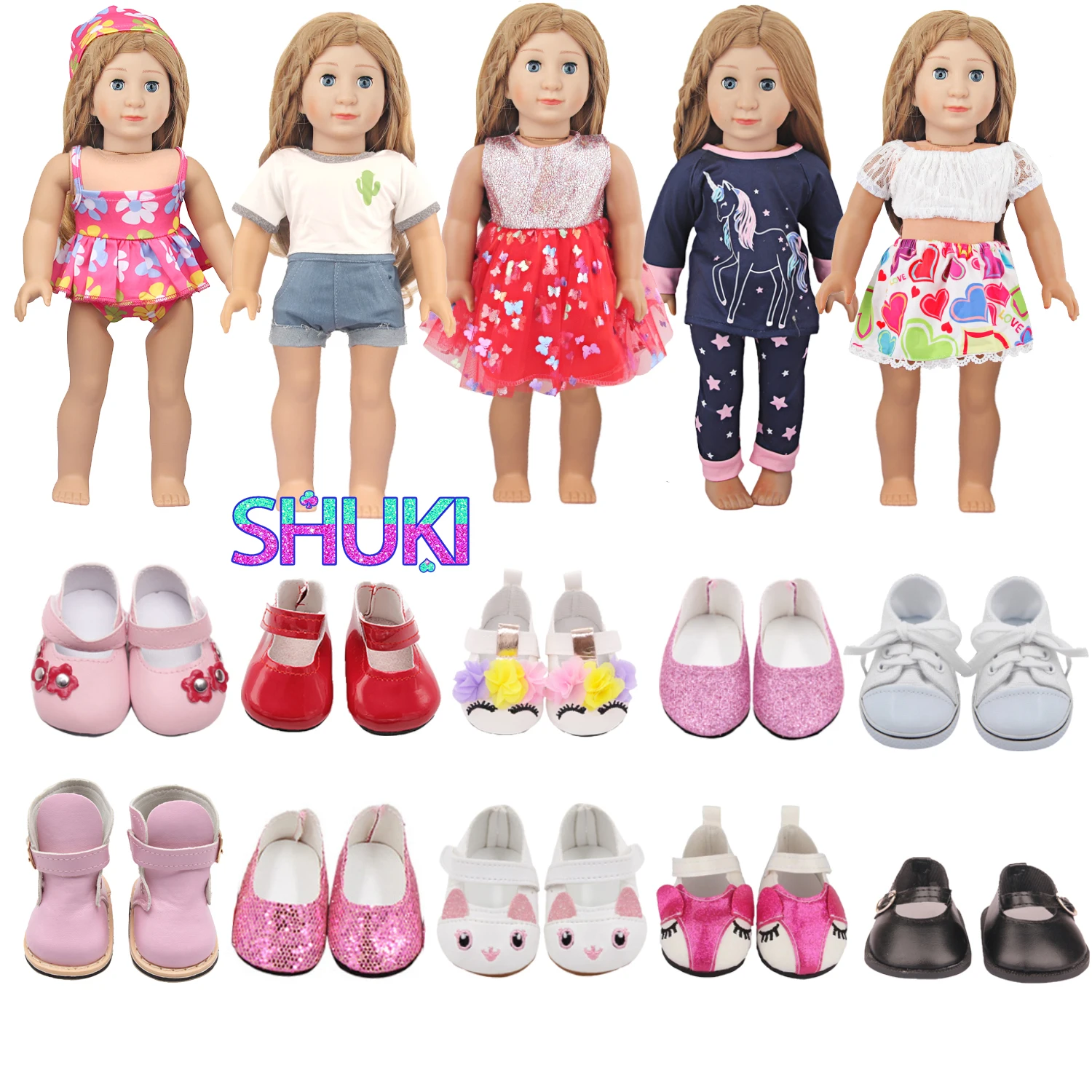 

T-shirt+Denim Shorts Clothes Set Unicorn Pajamas 7cm Doll Shoes For 18 Inch American&43cm Baby New Bron,OG Girl Dolls Girl Toys